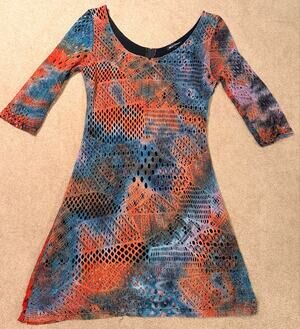 Mechant Women Tie Dye Open Knit Mesh Scoop Neck 3/4 Sleeve Dress Size L